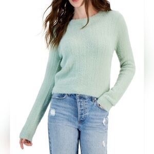 HIPPIE ROSE Shrunken Eyelash-Knit SOFT Crop Crewneck Sweater - Neptune Green XS
